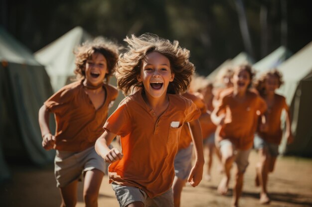 Retrato de niños de verano una imagen vívida de un niño alegre pasando tiempo en el campamento de verano rodeado de juegos aventura y camaradería capturado en lienzo con colores alegres