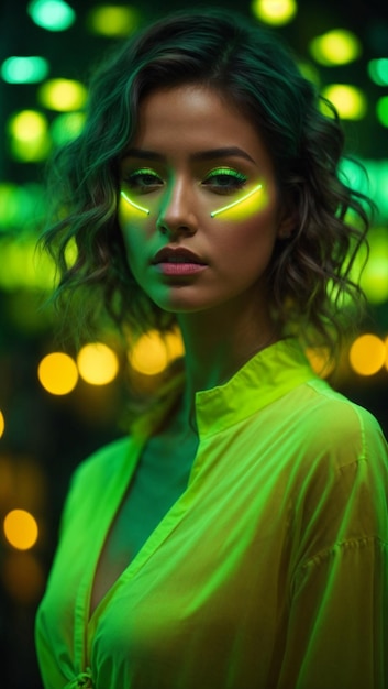 Retrato Nordico en 4K con Neon VerdeAmarillo y Maquillaje en Tonos Citricos Variante