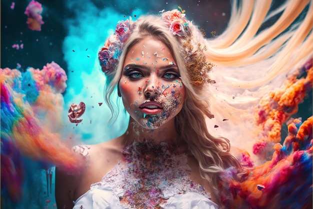 Retrato de novia angelical hiperrealista con peinado de ramo de flores