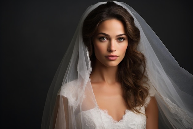 un retrato de una novia antes de su boda en el fondo del estudio fotografía con luz oscura