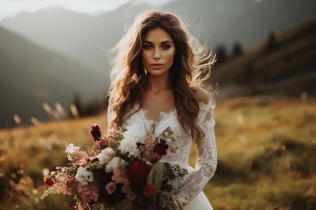 Retrato de una novia en las montañas. Boda en estilo boho.