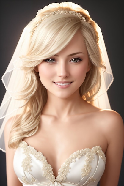 Retrato de novia Una mujer hermosa con un velo y un vestido blanco mira a la cámara IA generativa