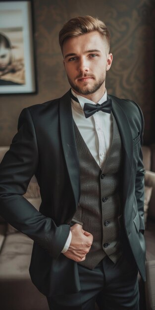 Foto retrato de un novio elegante con un elegante traje y una pajarita listo para la boda