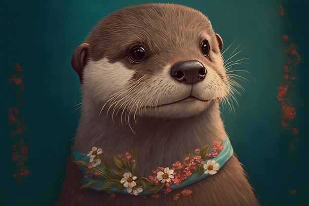 Retrato de nutria linda con flores sobre fondo gris creado con tecnología generativa ai