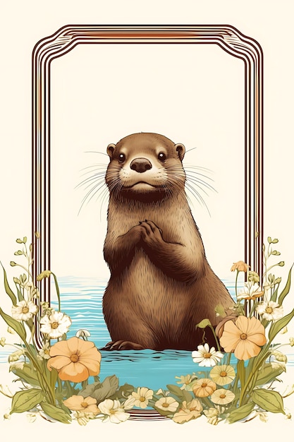 Retrato de una nutria sosteniendo una concha flotando juguetónmente color marrón póster vintage 2D Flat Design Art