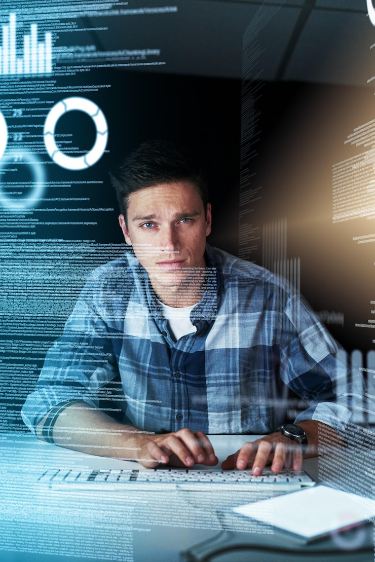 Foto retrato de oficina oscura y hombre con superposición de datos para análisis de programación en línea y ciberseguridad en el comercio de criptografía holograma de software y desarrollador web con métricas aplicación virtual o sistema de red
