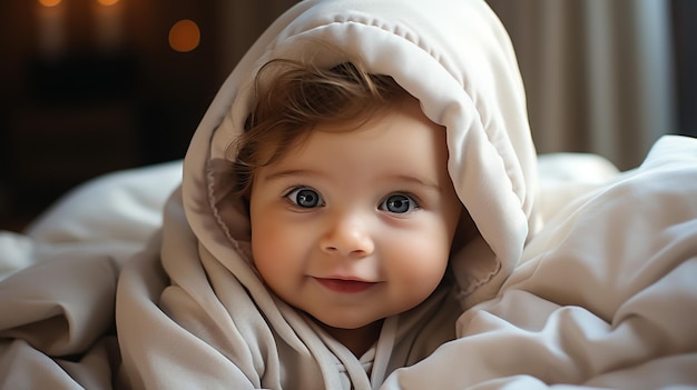 Foto retrato de ojos azules niña sonriendo en vestido vintage en violeta pétalos caídos fondo de primavera