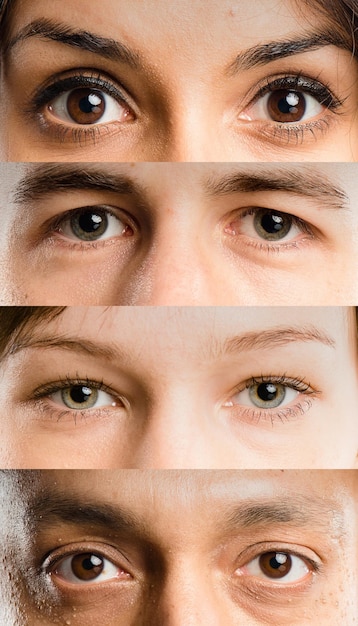 Retrato de ojos y diversidad de personas para optometría forma de ceja o diferencia de pestañas Collage de zoom facial y grupo diverso de pacientes optometristas que muestran pupilas de color de ojos y mirada óptica