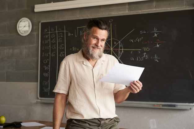 Foto retrato olhando para a câmera de um professor em uma sala de aula em suas mãos, ele está fazendo alguns exames