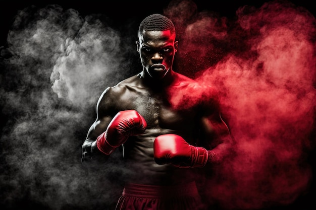 Retrato olhando para a câmera do boxeador afro-americano com torso nu de luvas vermelhas e fumaça no fundo iluminado por luz vermelha Foto de estúdio de fundo preto