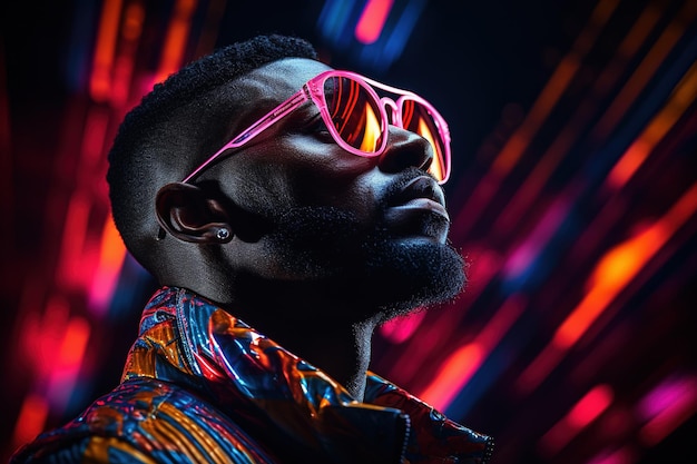 El retrato de onda retro o onda sintetizada de un joven africano serio y feliz en el estudio Modelo masculino de alta moda con coloridas luces de neón brillantes posando sobre fondo negro Concepto de diseño artístico