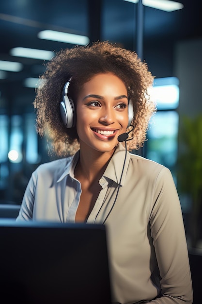Retrato de una operadora de servicio al cliente afroamericana de un centro de llamadas hablando con un cliente