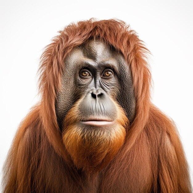 Retrato de orangután asiático sobre fondo blanco.