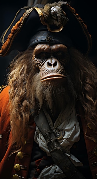 Retrato de orangután pirata de la selva Vestido de Swashbuckler Envuelto en vid Tr Diseño de moda Arte de vestuario