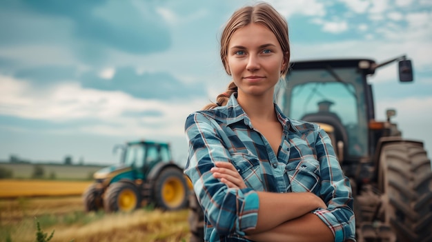 Retrato de una orgullosa joven granjera rubia con los brazos cruzados en el campo