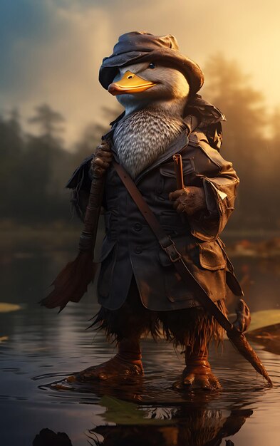 Foto retrato de ornitorrinco pirata disfraz de explorador de río pato billado sombrero de pesca diseño de moda arte de disfraz