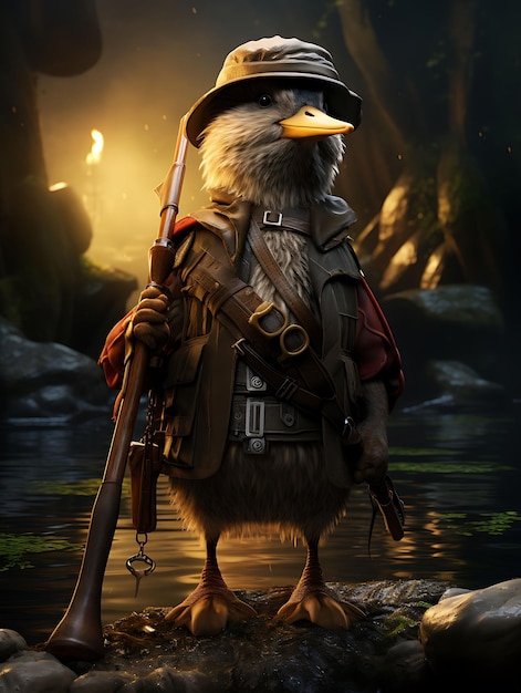 Retrato de ornitorrinco pirata traje de explorador de río pato billado sombrero de pesca diseño de moda arte de vestuario