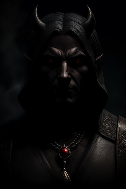 Foto un retrato oscuro de un hombre con ojos rojos y un anillo rojo en el pecho.