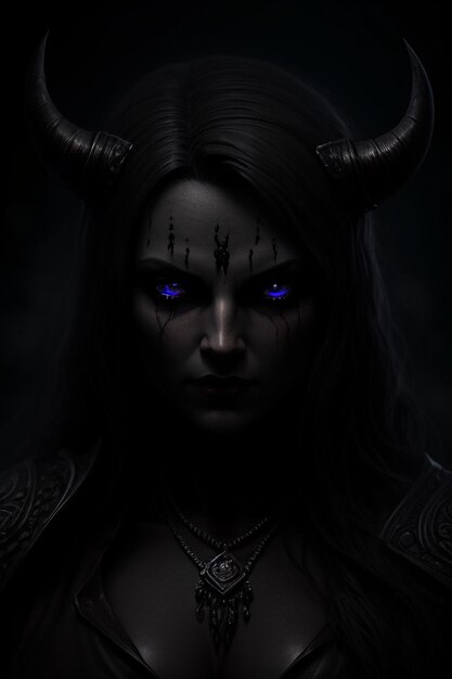 Un retrato oscuro de una mujer con ojos azules y cuernos con un fondo oscuro.