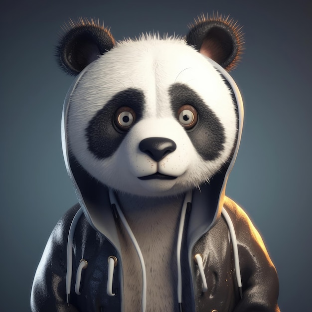 Retrato de oso panda de dibujos animados en 3D con ropa, gafas, sombrero y chaqueta de pie delante