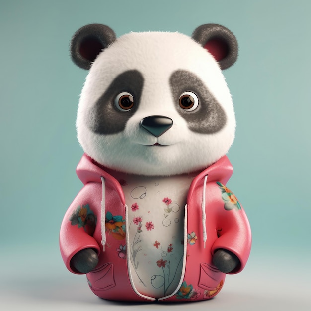 Retrato de oso panda de dibujos animados en 3D con ropa, gafas, sombrero y chaqueta de pie delante