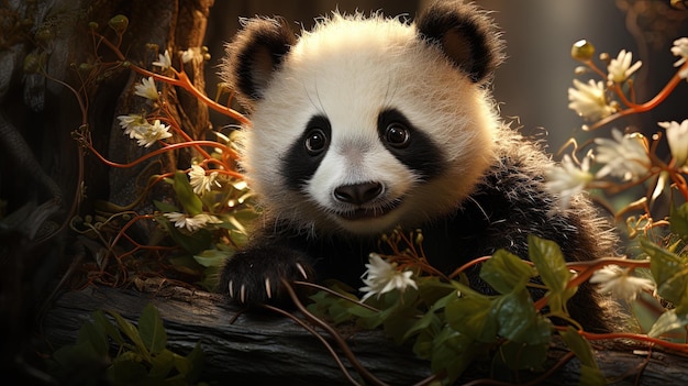 Retrato de un oso panda gigante en el bosque de bambú por la noche