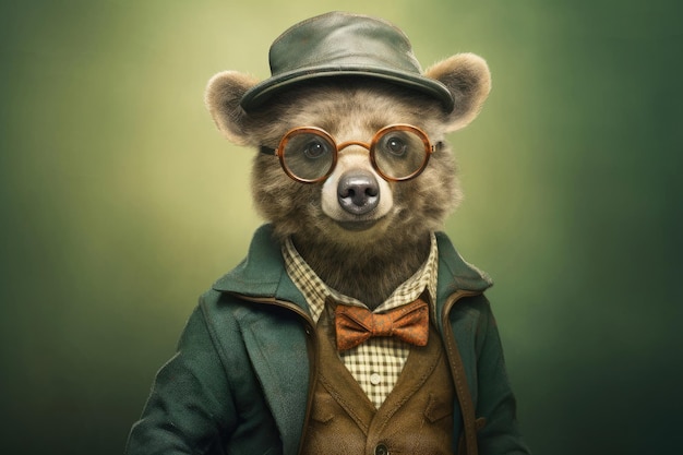 Retrato de un oso con ropa y gafas IA generativa