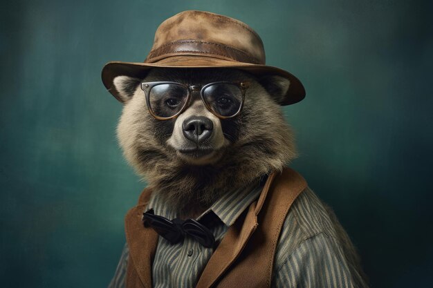 Retrato de un oso con ropa y gafas IA generativa