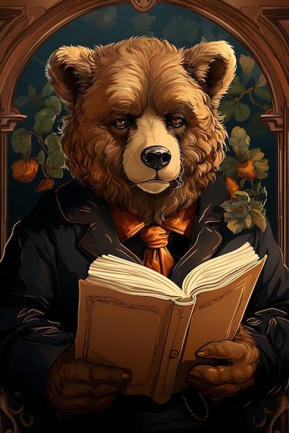 Retrato de oso sosteniendo un libro con pose intelectual y cartel vintage Seri Arte de diseño plano 2D