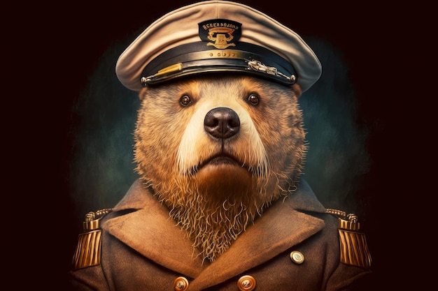 Retrato de oso vestido como capitán de barco al timón generativo ai