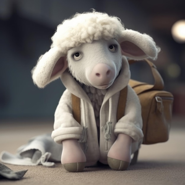 Retrato de oveja de dibujos animados en 3D con ropa, gafas, sombrero y chaqueta de pie delante