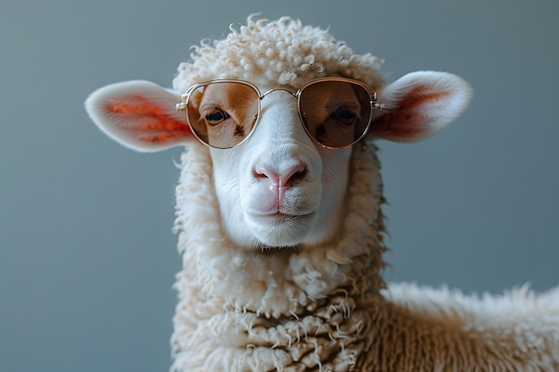 Retrato de una oveja con gafas de sol sobre un fondo limpio con espacio para texto o publicidad de productos un fondo de tipo agrícola IA generativa