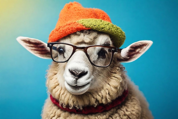 Retrato de una oveja graciosa con gafas y sombrero aislado sobre fondo azul