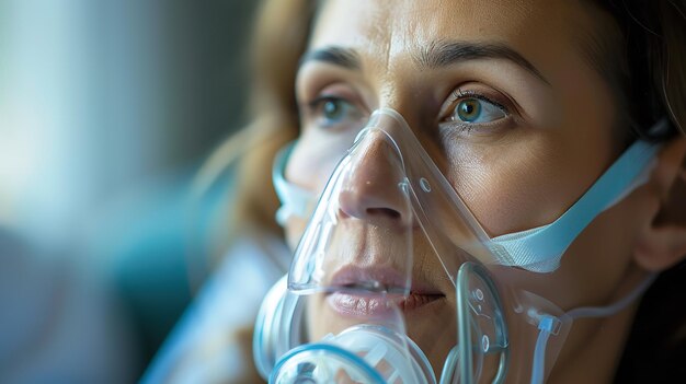 Retrato de un paciente de asma acostado en la cama y nebulizador de aliento de EPOC de asma y máscara dada por el médico con un espacio vacío para el texto IA generativa