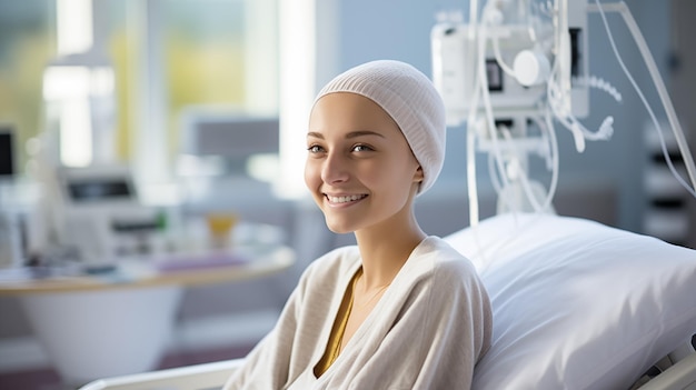 Retrato de un paciente de quimioterapia de un paciente de cáncer feliz paciente de cáncer en la cama Generado por IA