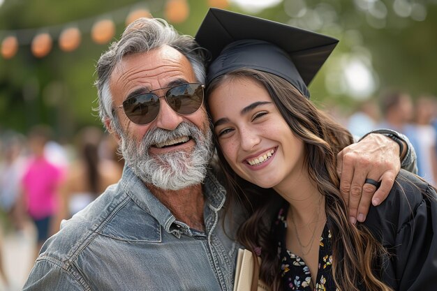 Retrato de un padre abrazando a su hija graduada en su día de convocatoria con un hermoso telón de fondo borroso y espacio para texto o producto