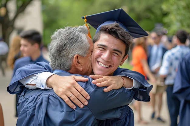 Retrato de un padre abrazando a su hijo graduado en su día de convocatoria con un hermoso telón de fondo borroso y espacio para texto o producto