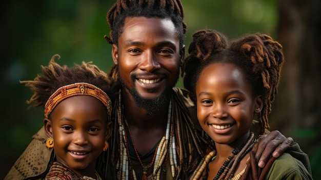 Retrato de un padre africano feliz con niños parados en el parque y sonriendo IA generativa