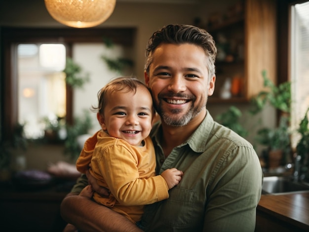Retrato de un padre amoroso sonriente con un lindo bebé feliz en casa