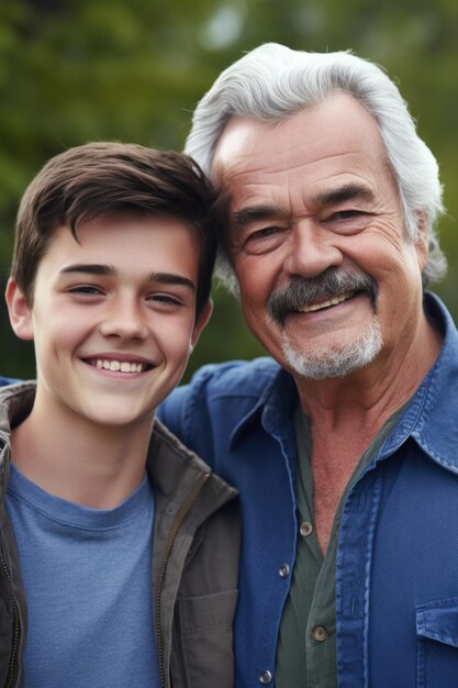 Retrato de un padre feliz y un hijo de pie al aire libre