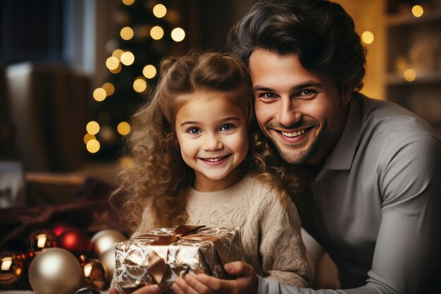 Retrato de un padre feliz y su hija pequeña con una caja de regalos para Navidad y Año Nuevo