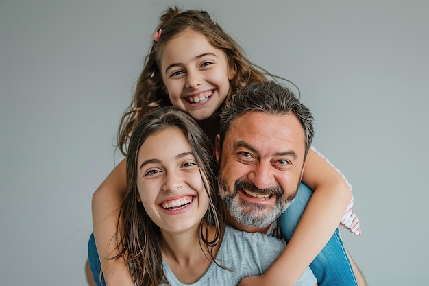 Retrato de un padre y una hija felices sonriendo a la cámara sobre un fondo gris