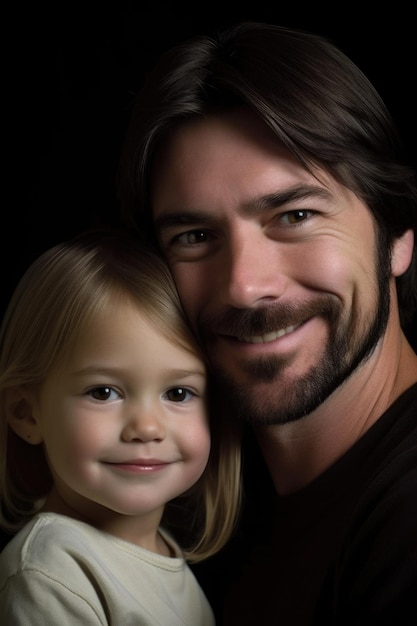 Retrato de un padre y su niña sonriendo a la cámara creada con IA generativa