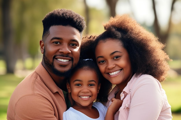 Retrato de padres afroamericanos felices con su hija pequeña abrazándose afuera.