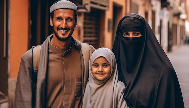 Retrato de padres árabes felices posando con su hija pequeña en las calles con Islam.