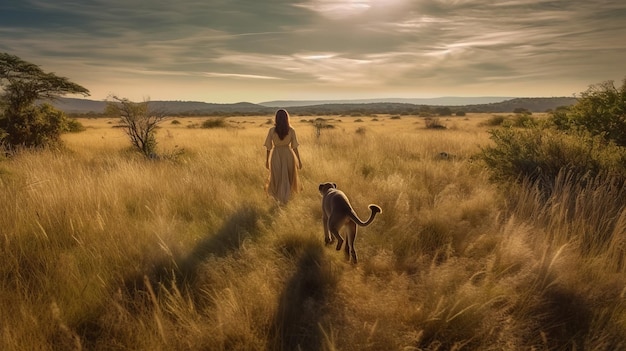 Foto retrato de paisaje onírico de una mujer caminando por un campo de hierba rodeada por un león