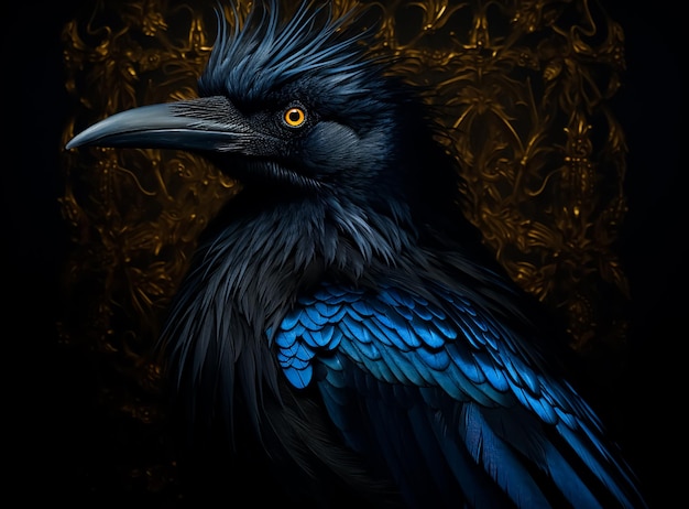 Retrato de un pájaro cuervo negro y azul en primer plano