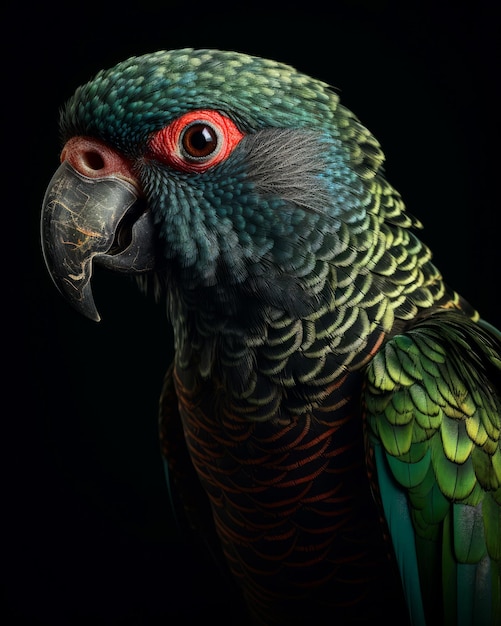 Retrato de pájaro exótico colorido Bonito loro sobre fondo oscuro ai generativo