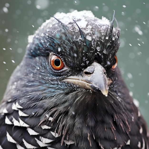 Retrato de una paloma negra en la nieve en primer plano