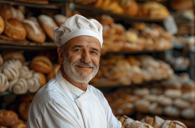 Retrato de un panadero anciano con un sombrero y un delantal de chef blanco en una panadería con estantes de pan